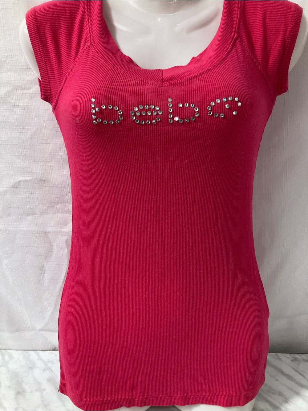Bebe Pink Rhinestone Logo Ribbed Fitted Cap Sleeve Top Y2K S